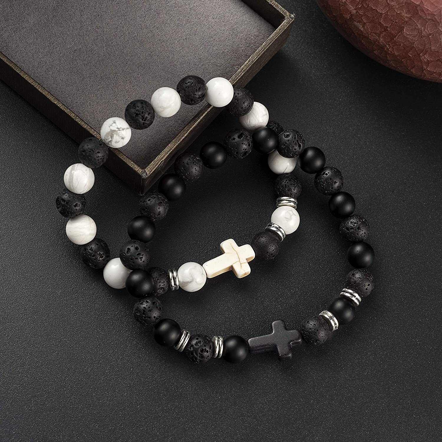 Softones 4PCS Cross Beads Bracelet for Men Women 8mm Healing Lava Stone Stretch Bracelets,7.5" - Image 5